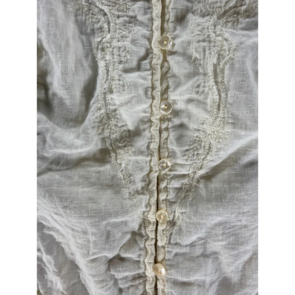 Free People Laurie Embroidered Blouse Cream Cotton V-Neck Puff Sleeve Top M